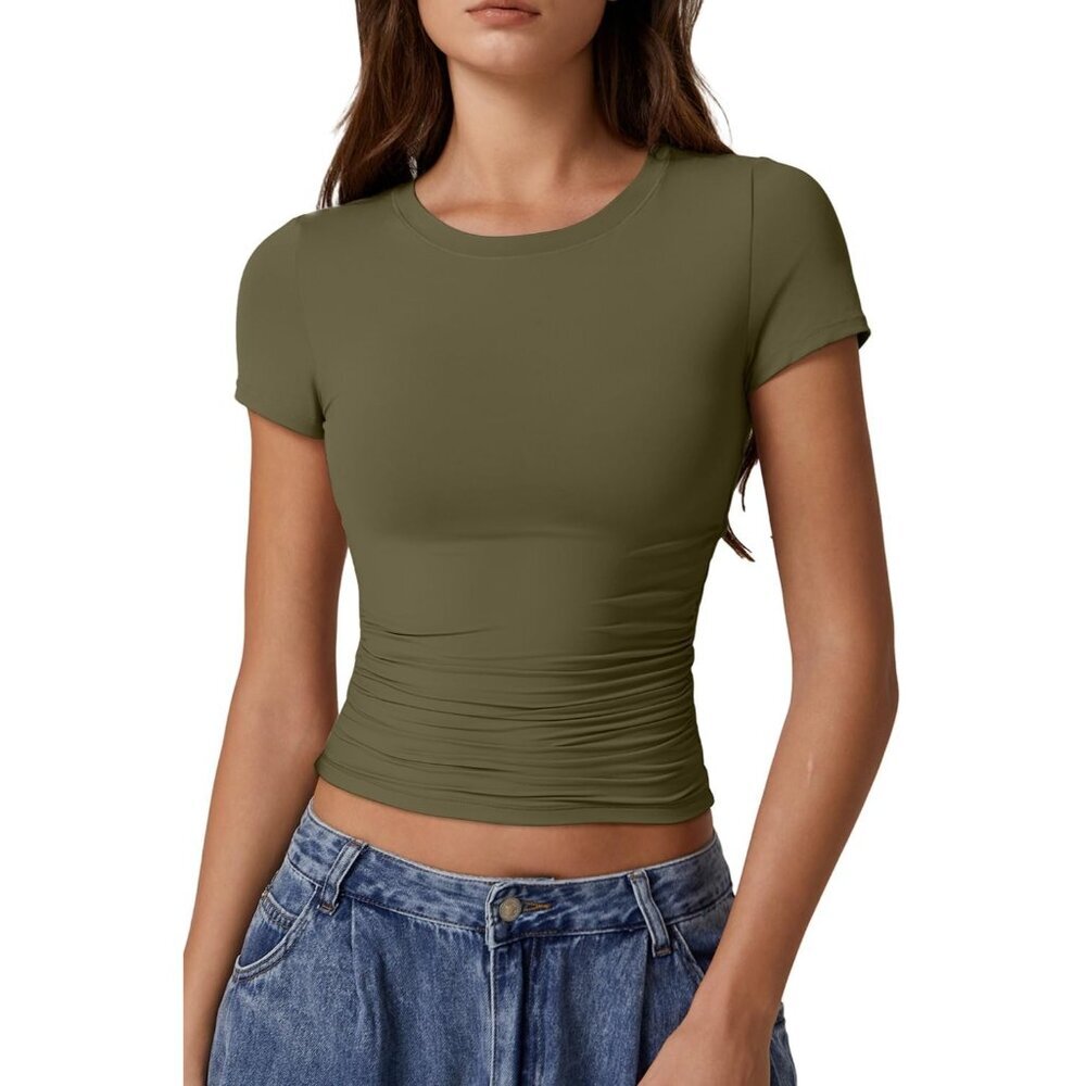 Women's Crop Tops Olive Green Short Sleeve Y2K Round Neck Side Ruched Pleated